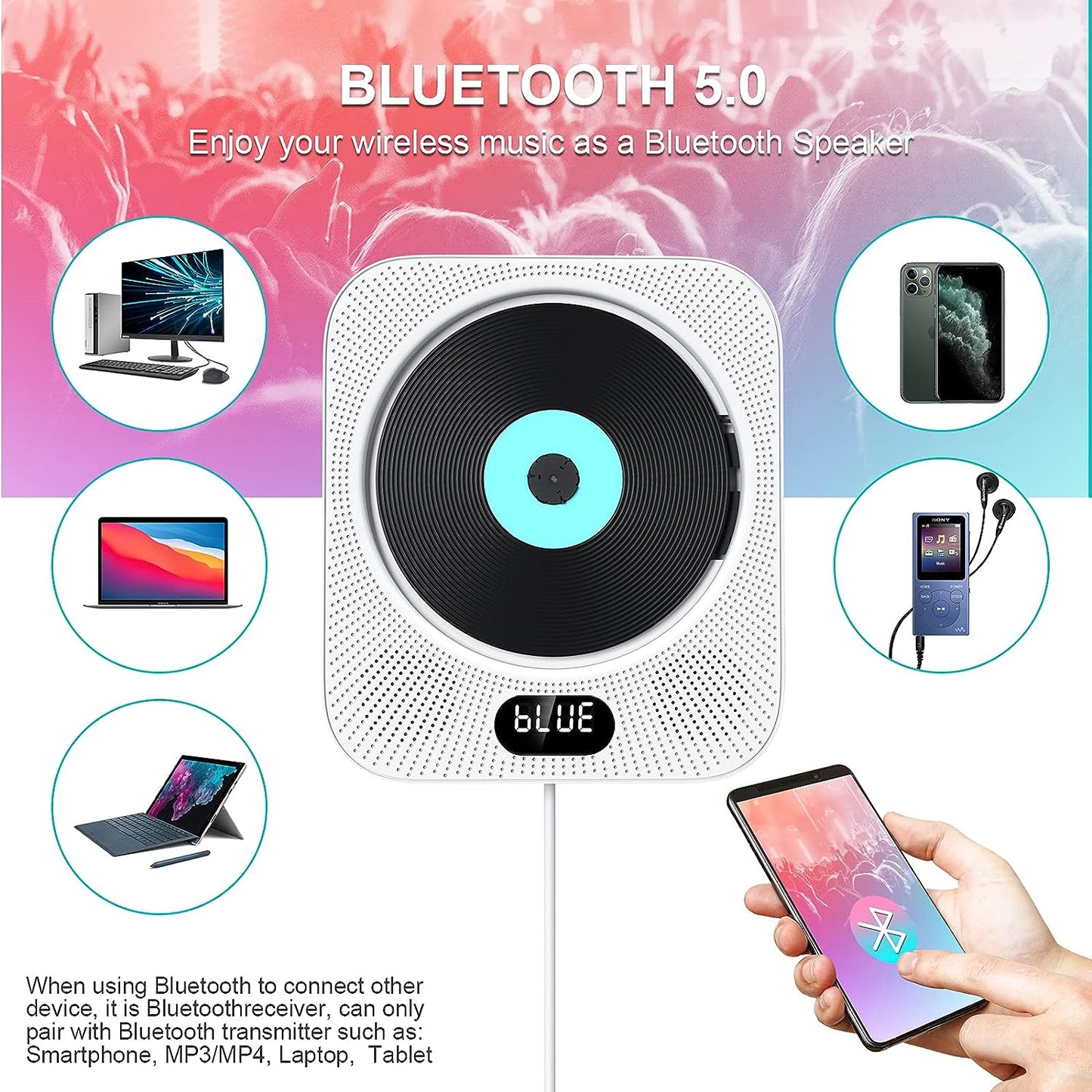 Gueray CD Player Wall Mount Bluetooth Speaker Remote Control Supports FM Radio