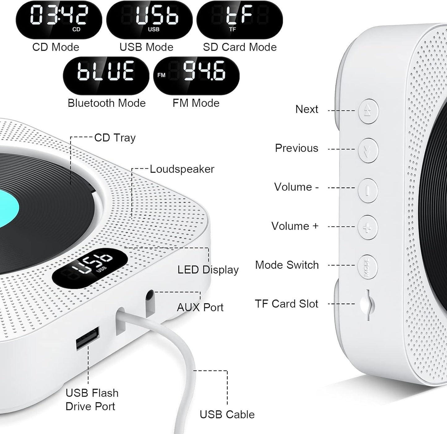 Gueray CD Player Wall Mount Bluetooth Speaker Remote Control Supports FM Radio