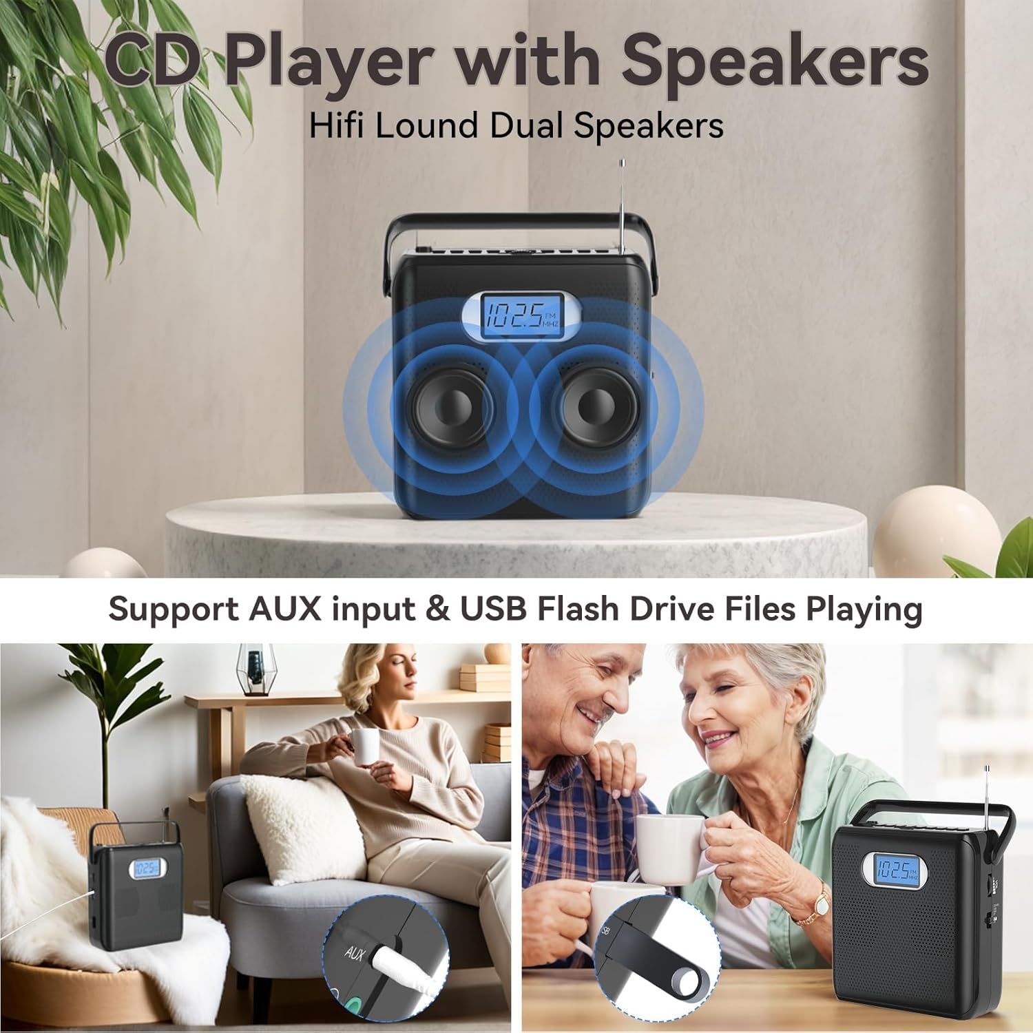 All in One Portable CD Player with FM Radio and USB Playback - GuerayAll in One Portable CD Player with FM Radio and USB Playback