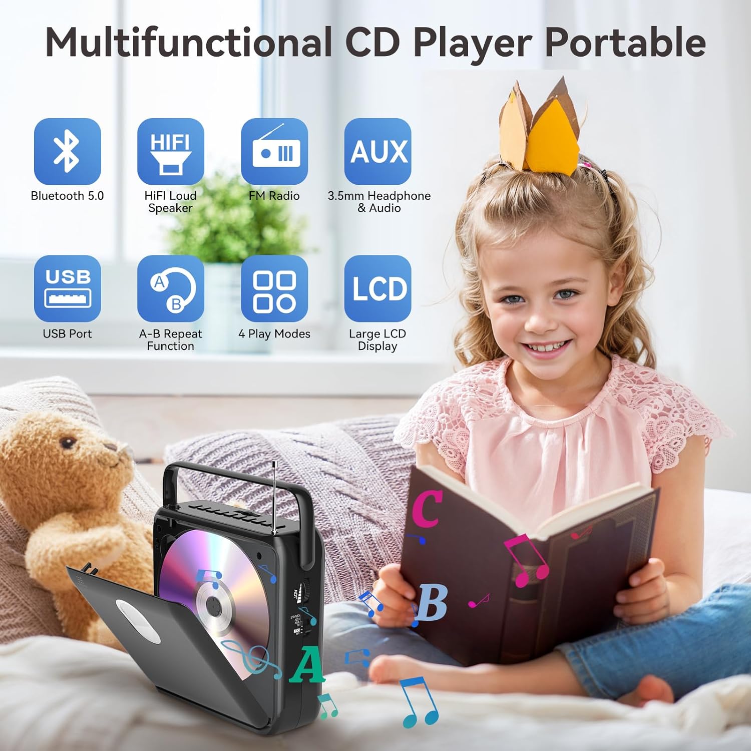 All in One Portable CD Player with FM Radio and USB Playback - GuerayAll in One Portable CD Player with FM Radio and USB Playback