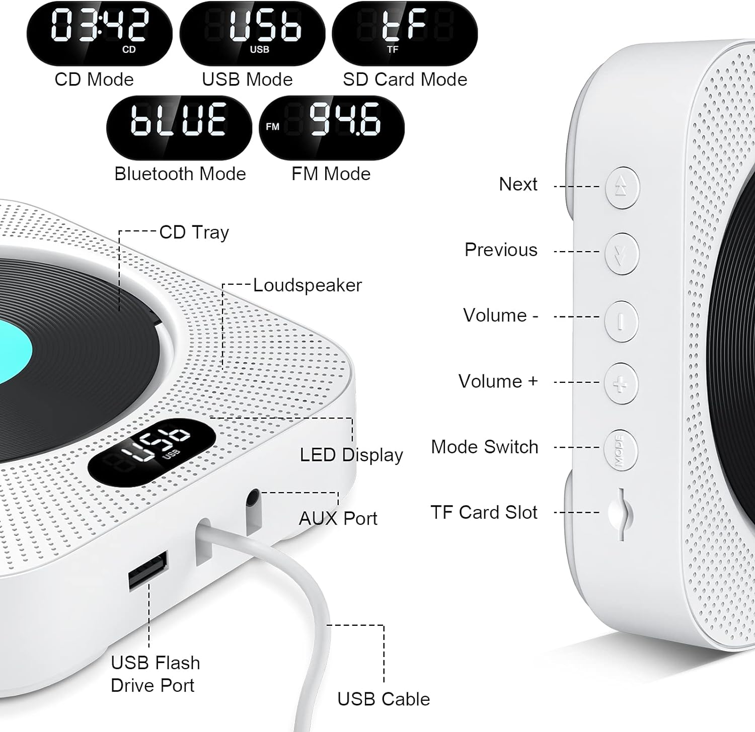 Gueray CD Player Wall Mount Bluetooth Speaker Remote Control Supports FM Radio - GuerayGueray CD Player Wall Mount Bluetooth Speaker Remote Control Supports FM Radio