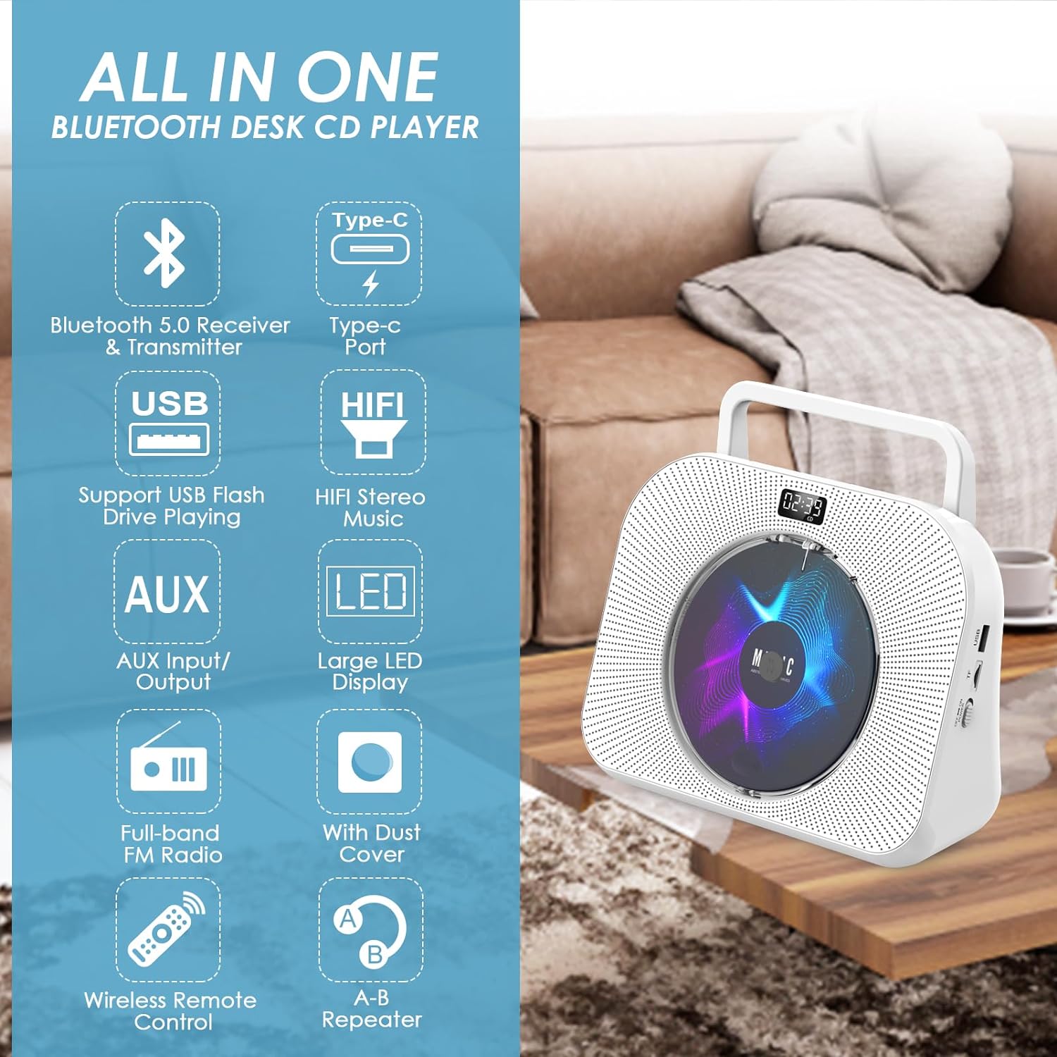 Gueray Desktop CD Player with Bluetooth and Radio, supports USB/AUX/TF Card - GuerayGueray Desktop CD Player with Bluetooth and Radio, supports USB/AUX/TF Card