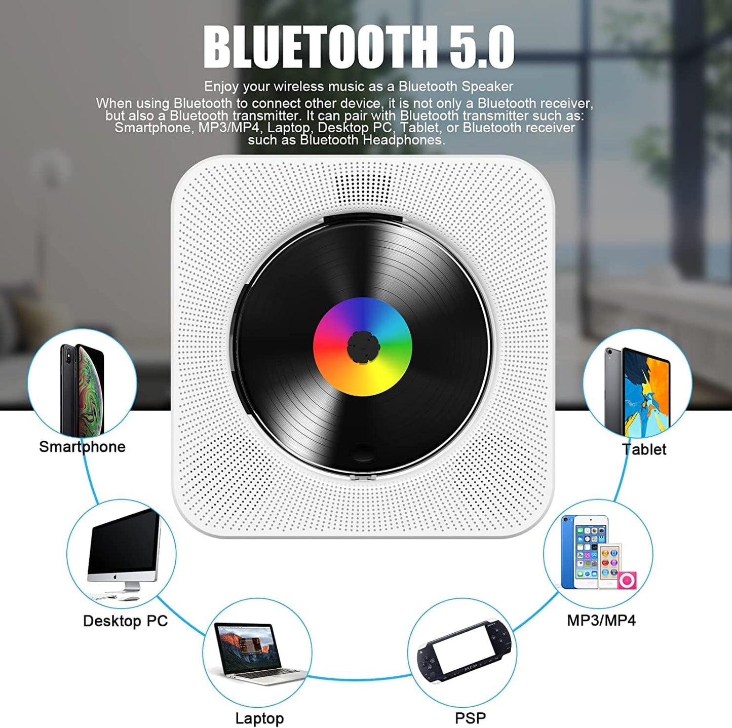 Gueray Portable Bluetooth CD Player – Desktop Design, High - Quality Sound, White - GuerayGueray Portable Bluetooth CD Player – Desktop Design, High - Quality Sound, White