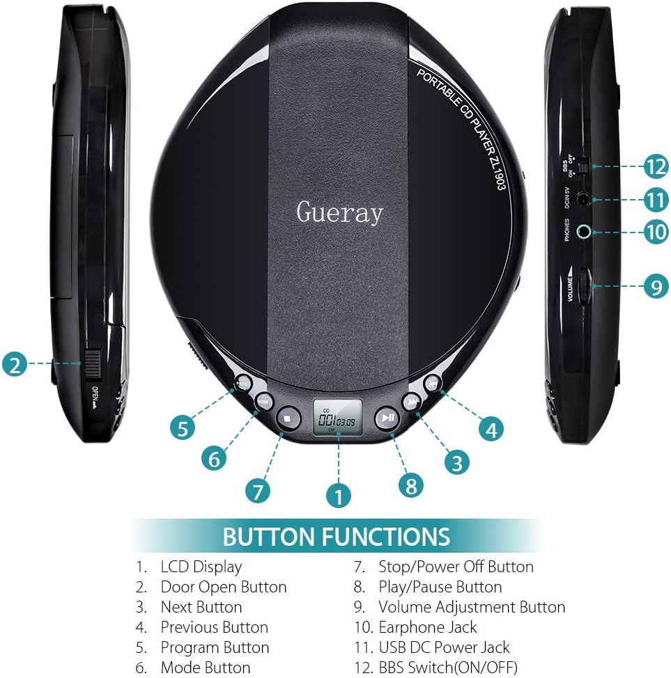 Gueray Portable CD Player HiFi Classic Personal CD Discman with Headphone - GuerayGueray Portable CD Player HiFi Classic Personal CD Discman with Headphone