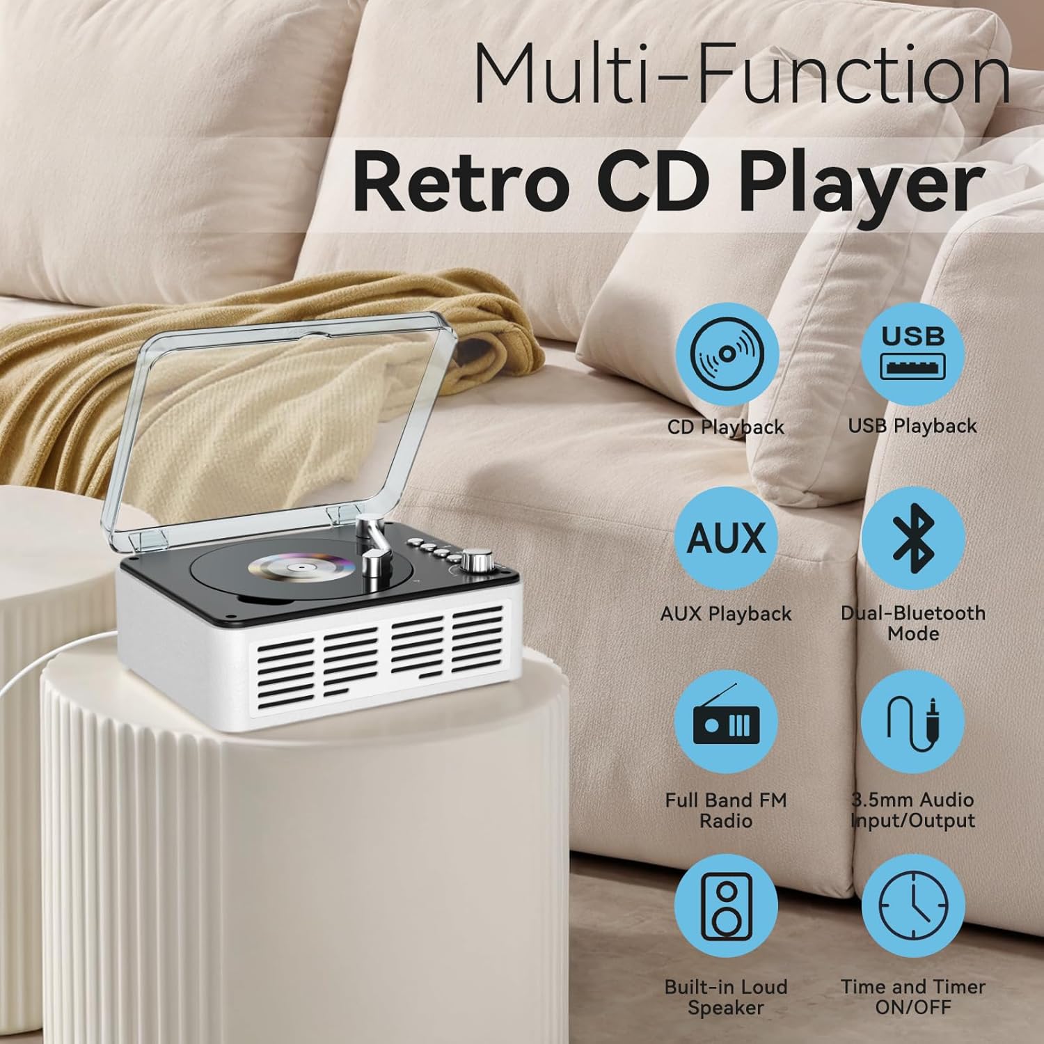 Gueray White CD Player – Bluetooth, Hi - Fi Stereo & FM Radio - GuerayGueray White CD Player – Bluetooth, Hi - Fi Stereo & FM Radio