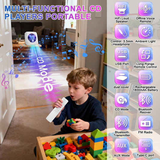 Gueray Y01 Voice - Controlled Portable CD Player – Hi - Fi Speaker - 1800mAh Rechargeable Battery