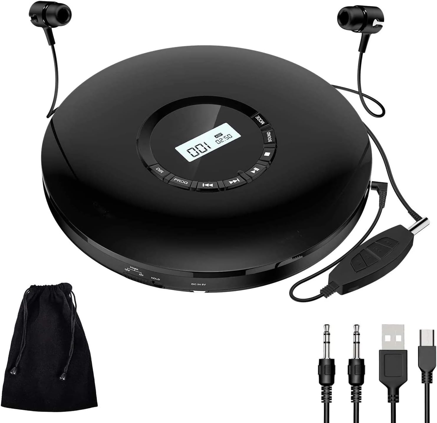 CD Player Portable 1400mAh Rechargeable Walkman Anti-Skip Shockproof (Black)