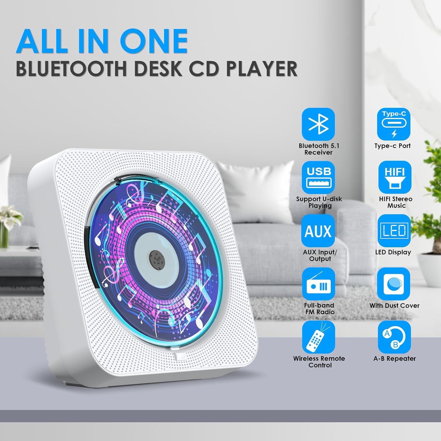 CD Player with Speakers Bluetooth Desktop with Remote Control Supports AUX USB TF Card