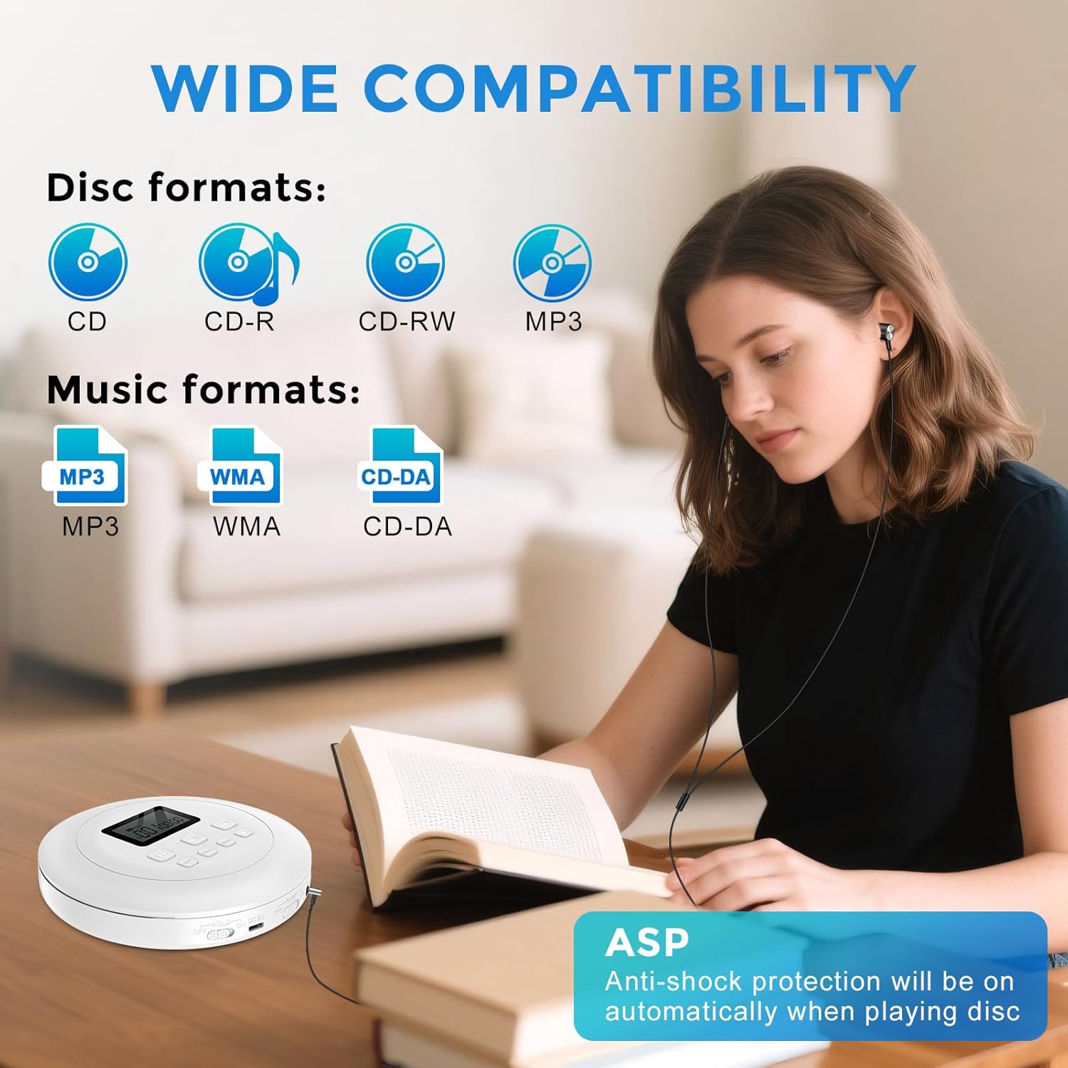 Gueray Portable CD Player Personal with Headphones White