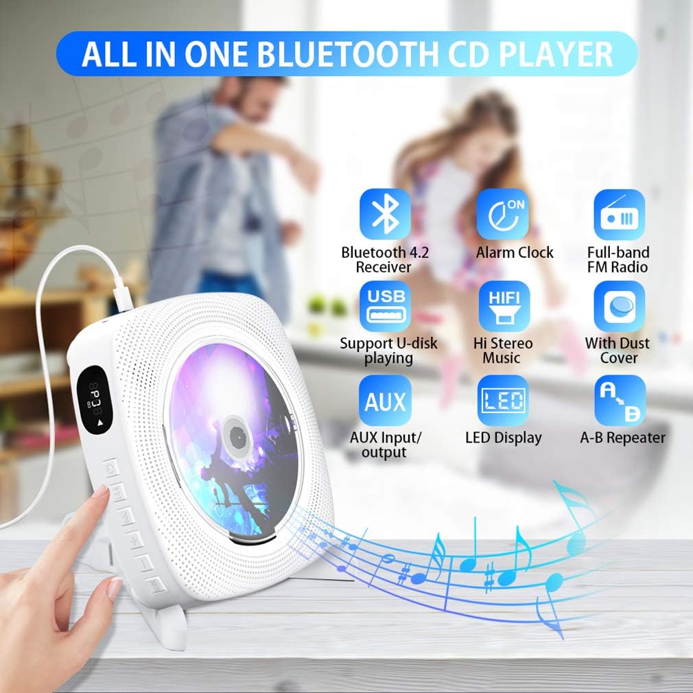 CD Player with Bluetooth Wall Mountable Built-in HiFi Speakers with LCD Screen Display