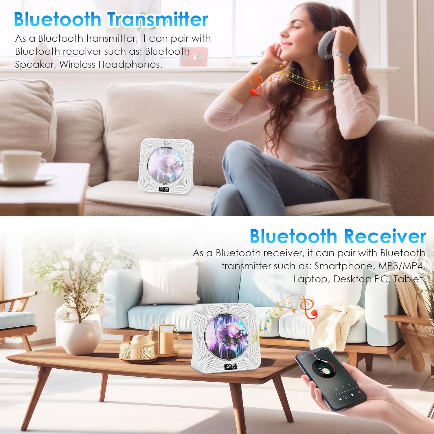 Gueray Desktop CD Player Bluetooth with Aux USB Headphone Jack