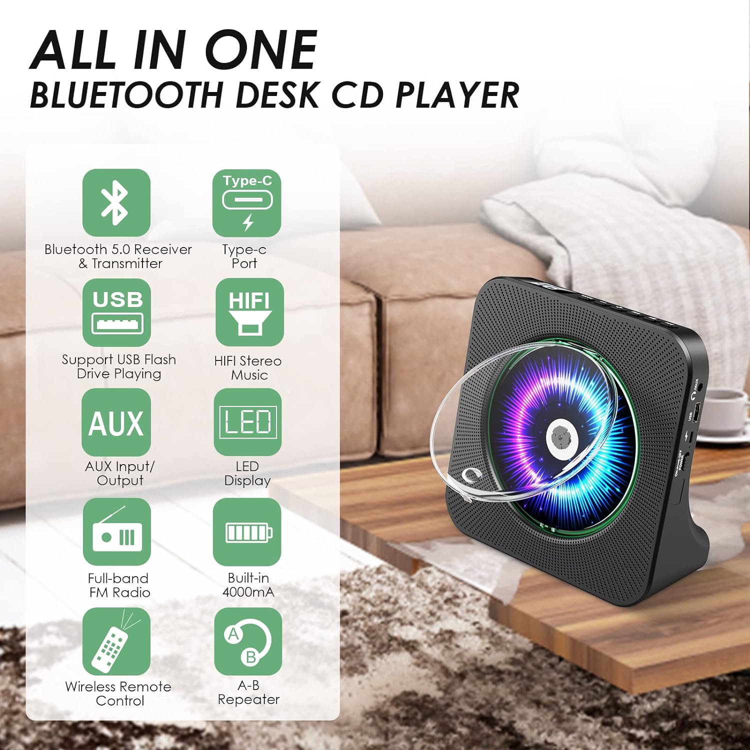 Gueray CD Player Portable Bluetooth Desktop 4000mAh Rechargeable Black