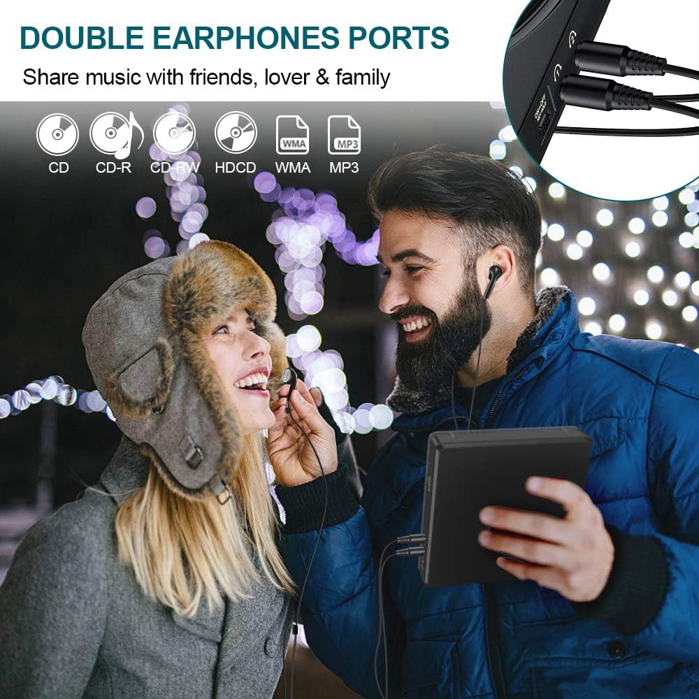 CD Player Portable with Dual Headphone Jacks and Headphone Discman with Built-in 1200mAh Battery