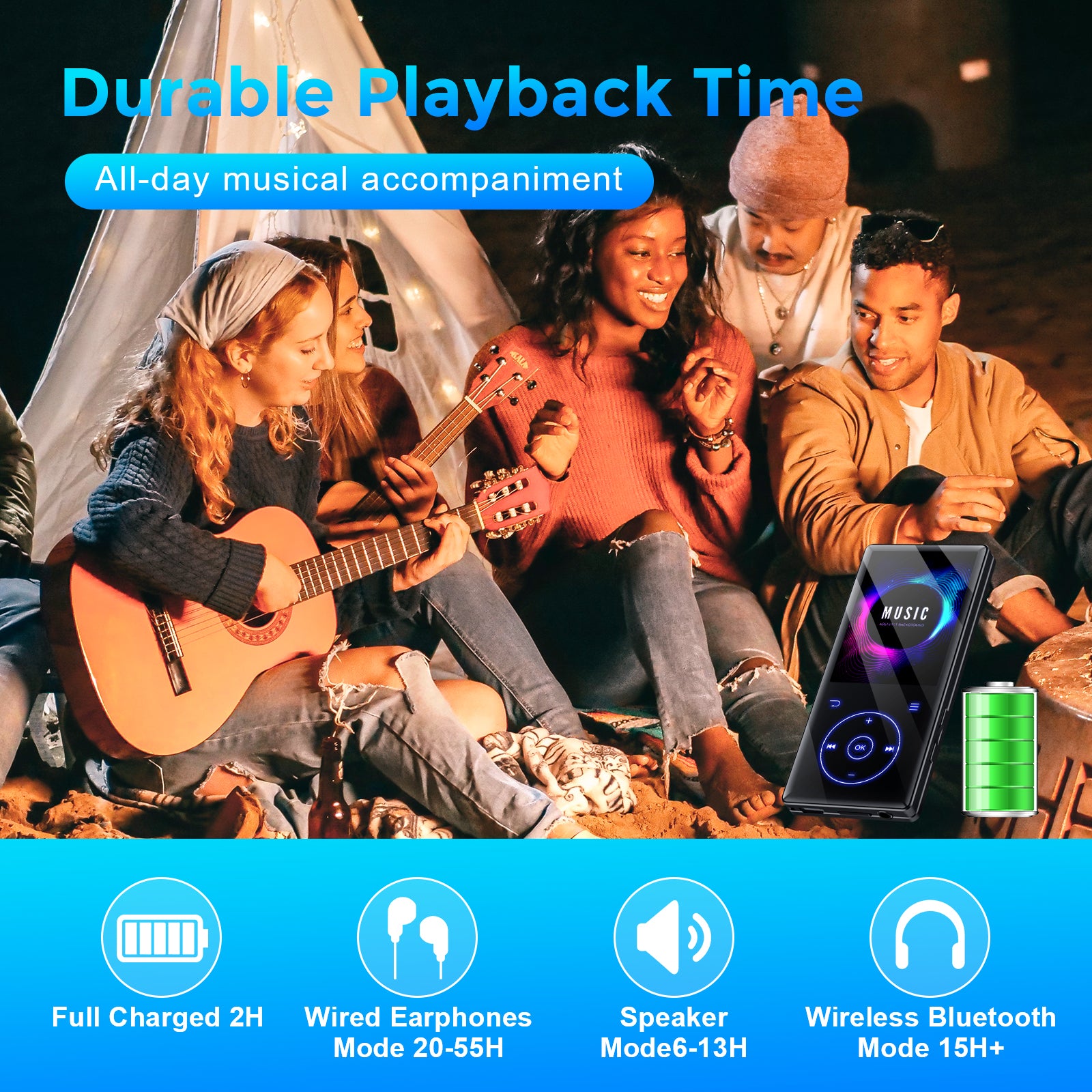 Player Bluetooth 32GB Support FM Radio Record TF Card Blue