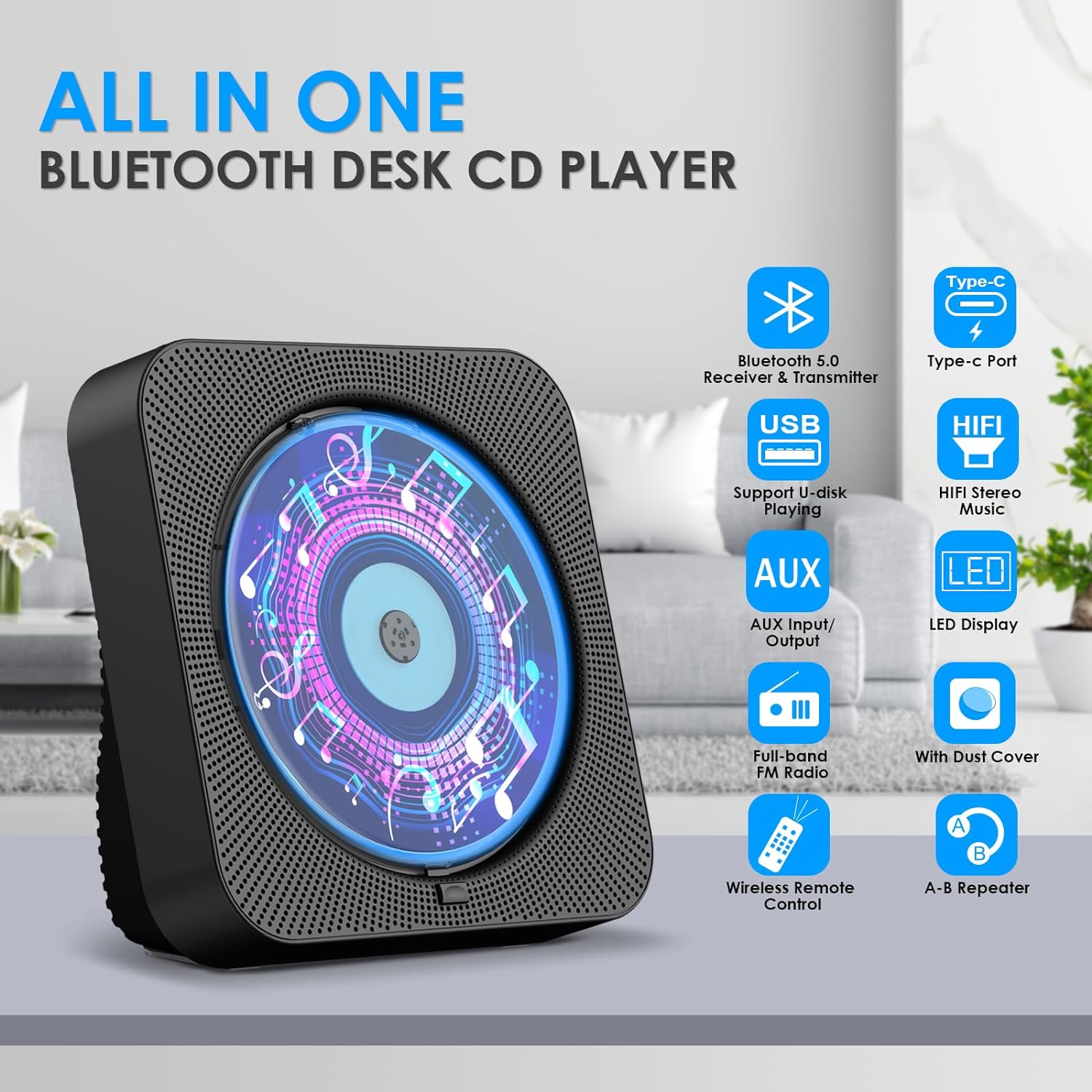 CD Player with Speakers Bluetooth Desktop Supports AUX USB TF Card Black