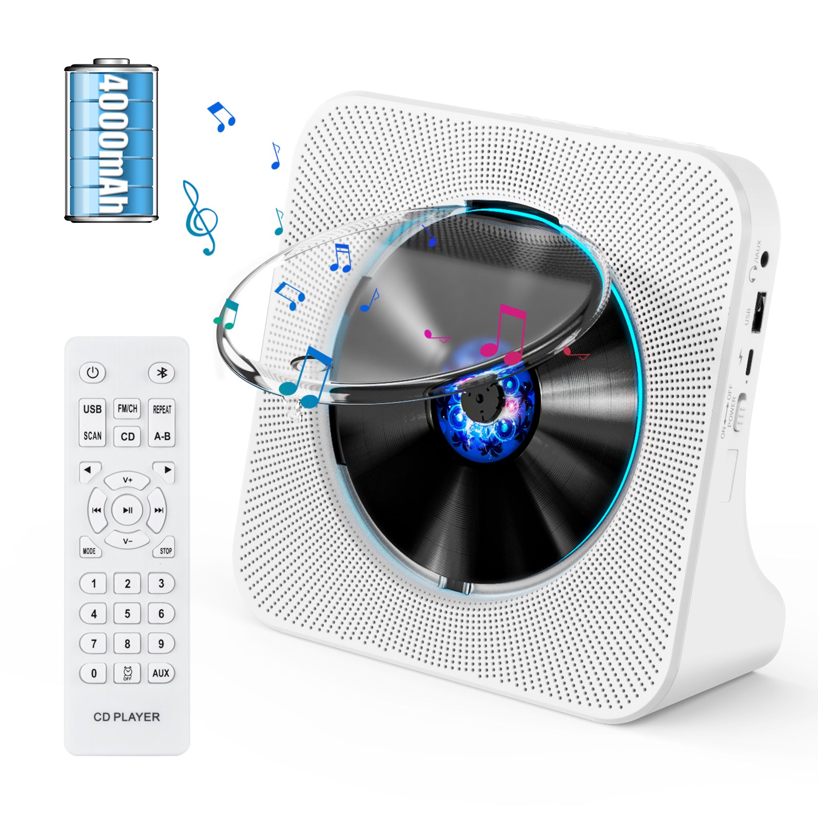 Gueray CD Player Portable Bluetooth Desktop 4000mAh Rechargeable Black