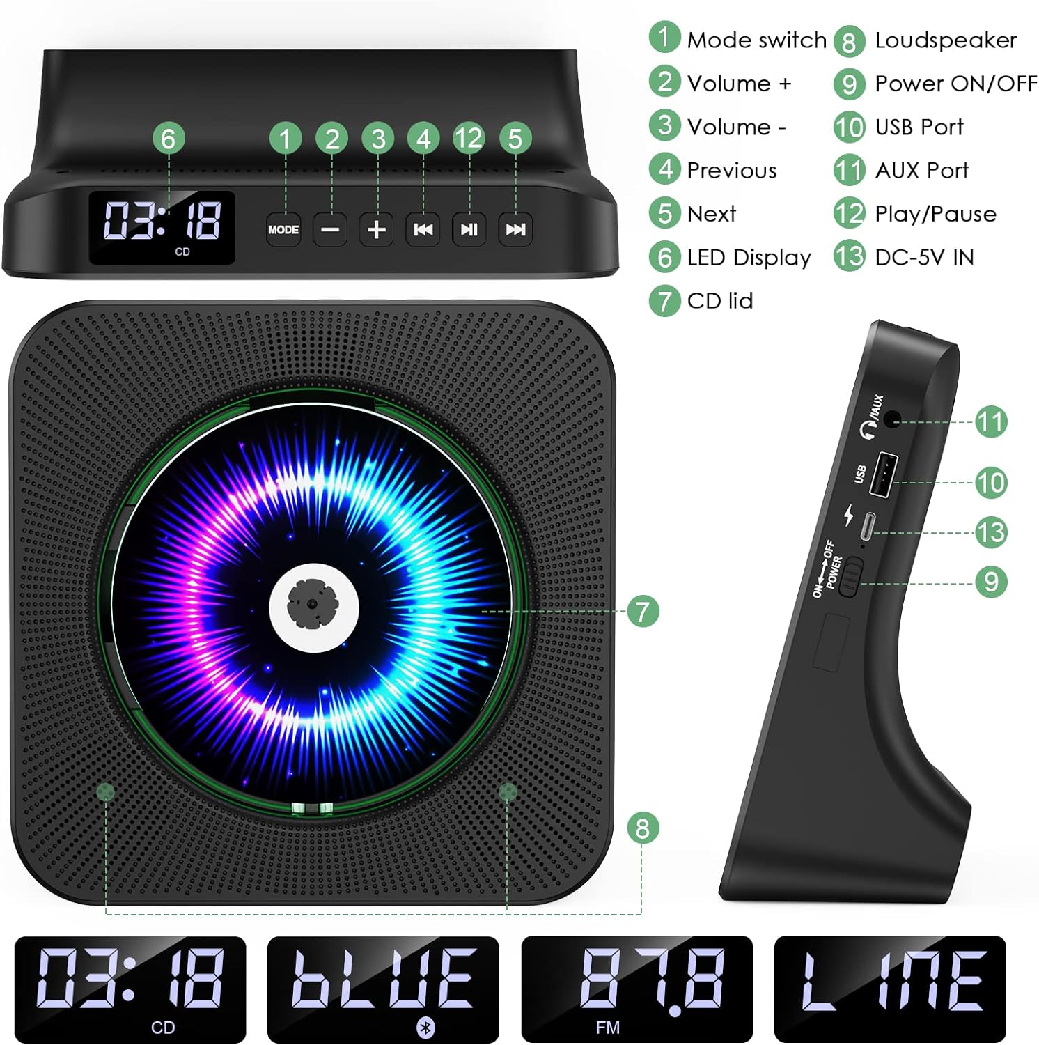 Gueray CD Player Portable Bluetooth Desktop 4000mAh Rechargeable Black