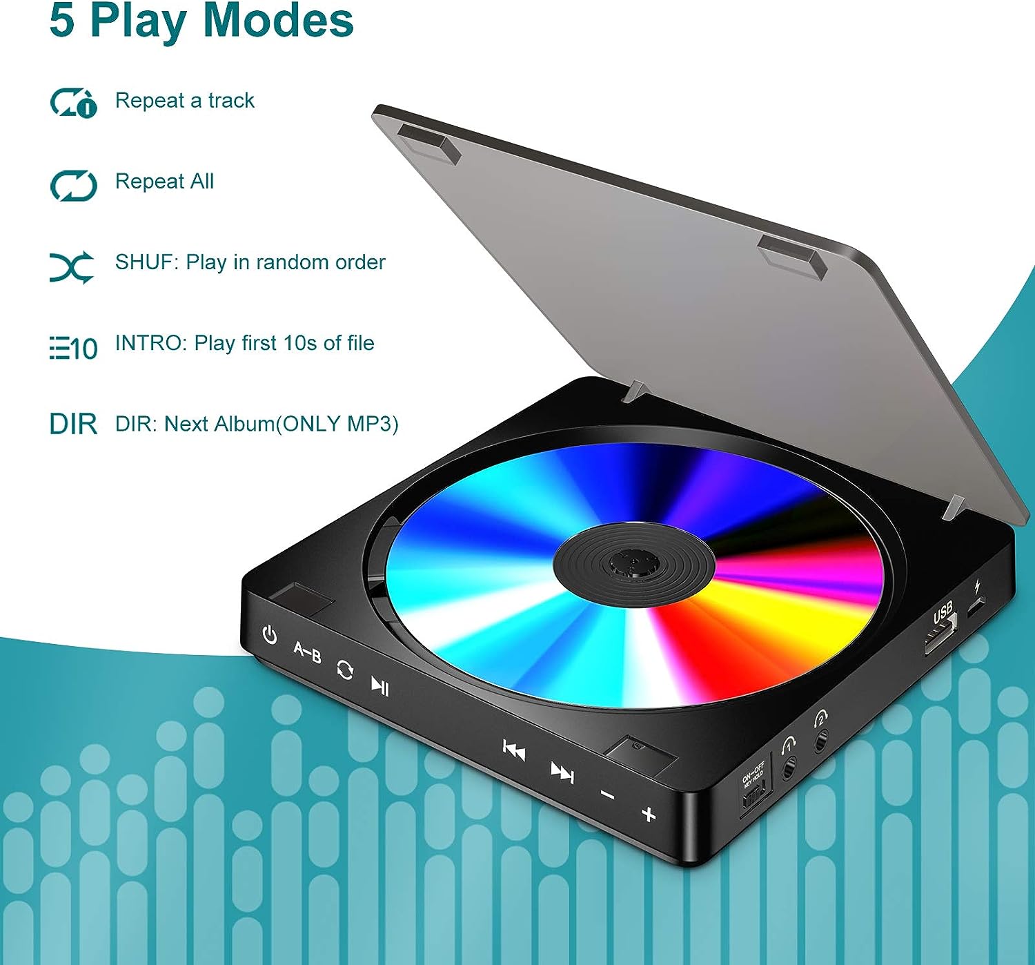 Gueray Portable CD Player with 1200mAh Battery & Dual 3.5mm Headphone Jacks