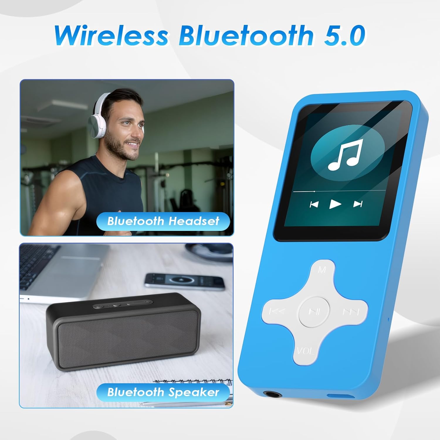 Player Bluetooth 32GB Support FM Radio Record TF Card Blue