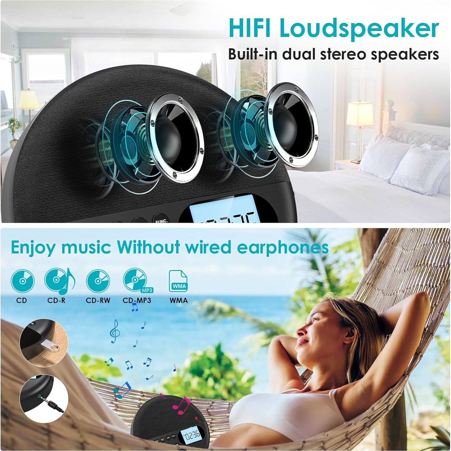 Portable CD Player with Bluetooth & Speakers 1500mAh Rechargeable