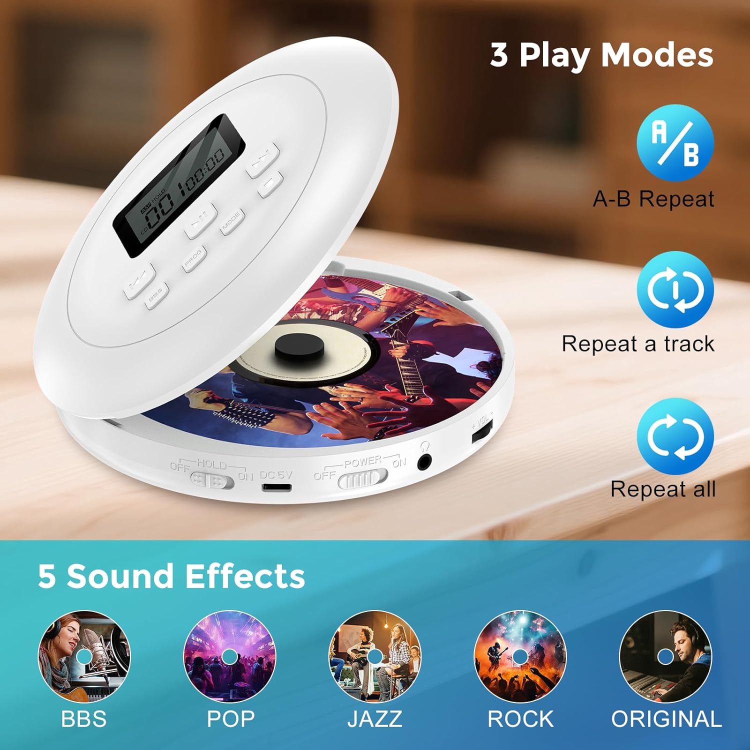 Gueray Portable CD Player Personal with Headphones White