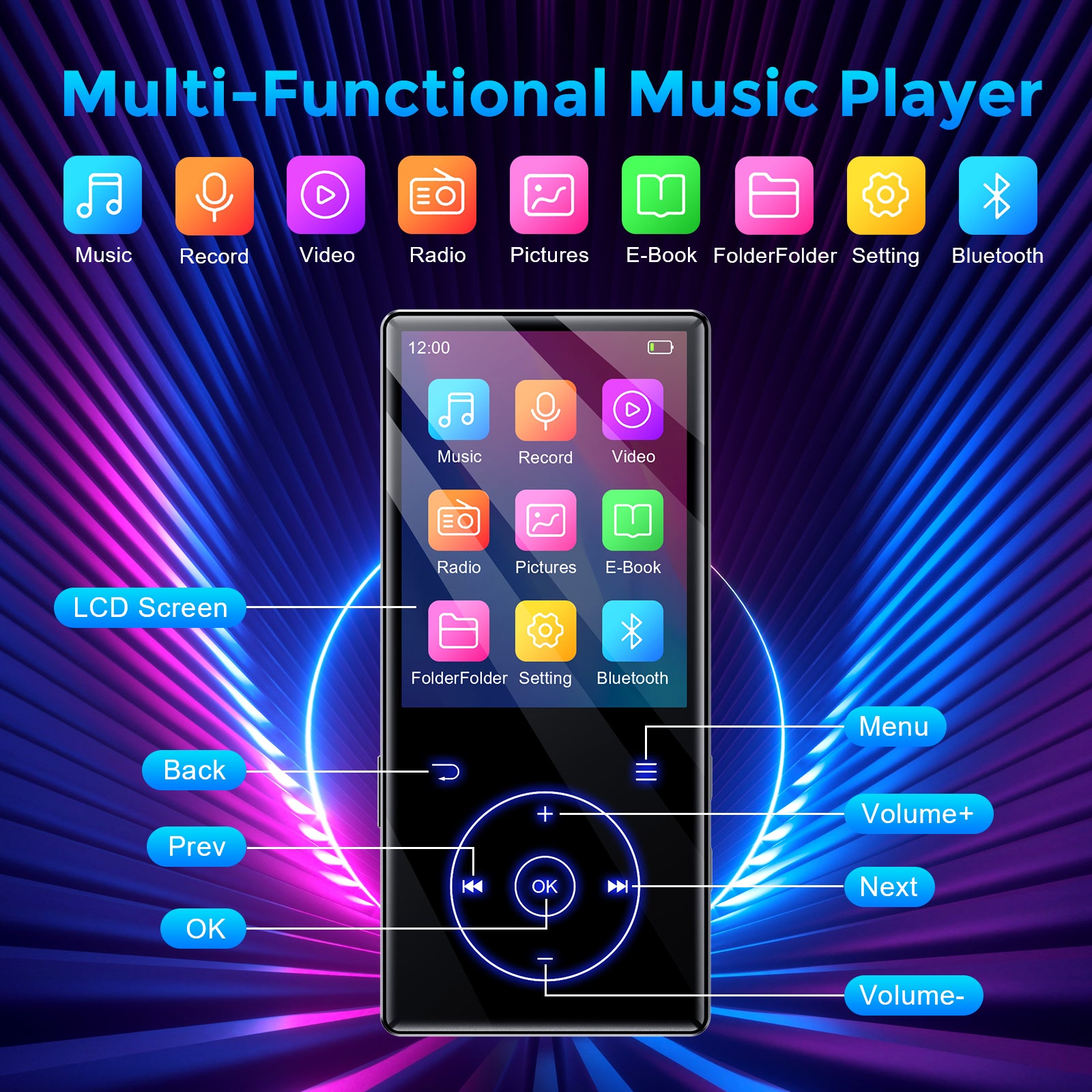 Player Bluetooth 32GB Support FM Radio Record TF Card Blue