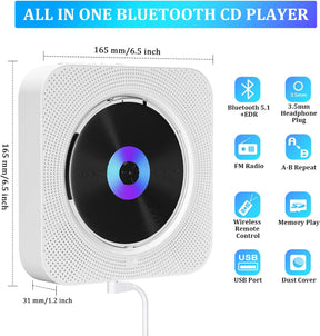 CD Player Bluetooth with Lights & Wall Mountable Built-in Speakers
