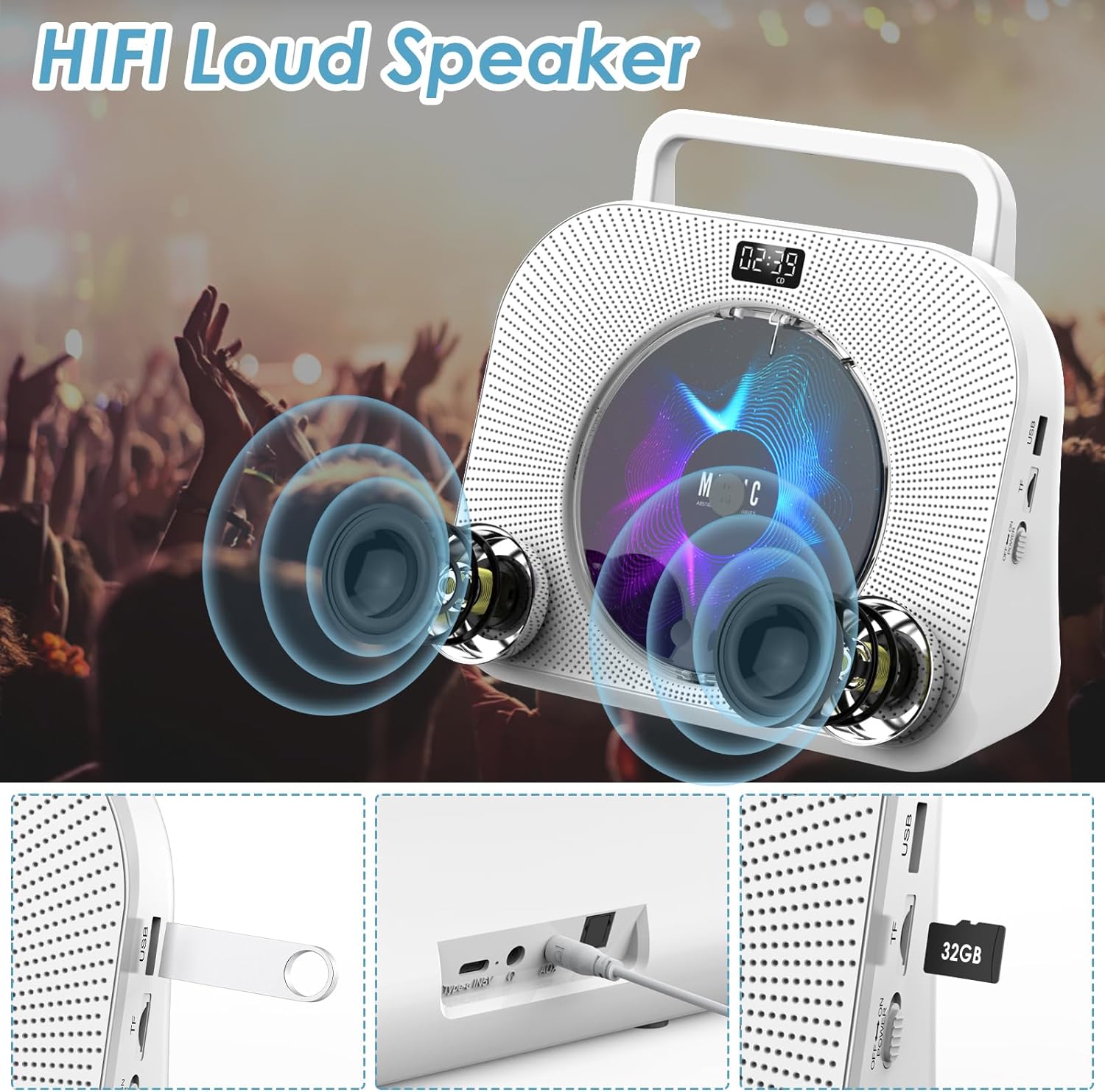 CD Player Boombox Desktop with Radio Speakers Bluetooth Timer Support Sleep Music USB AUX TF Card