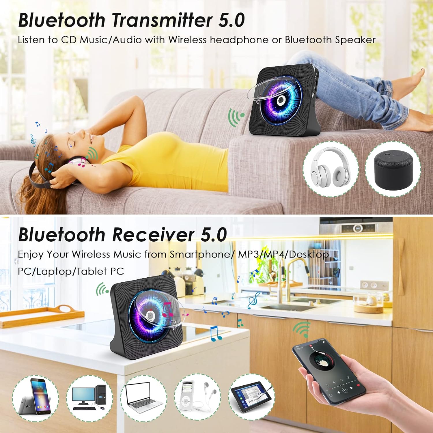 Gueray CD Player Portable Bluetooth Desktop 4000mAh Rechargeable Black