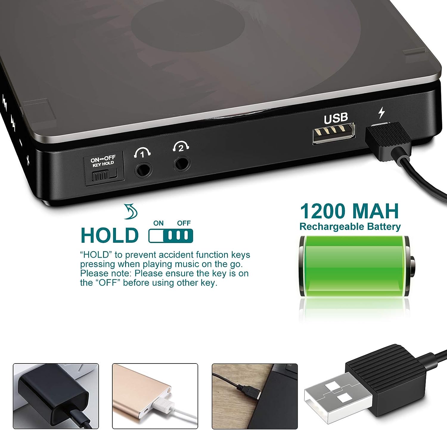 Gueray Portable CD Player with 1200mAh Battery & Dual 3.5mm Headphone Jacks