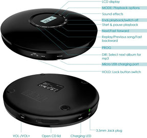 CD Player Portable 1400mAh Rechargeable Walkman Anti-Skip Shockproof (Black)