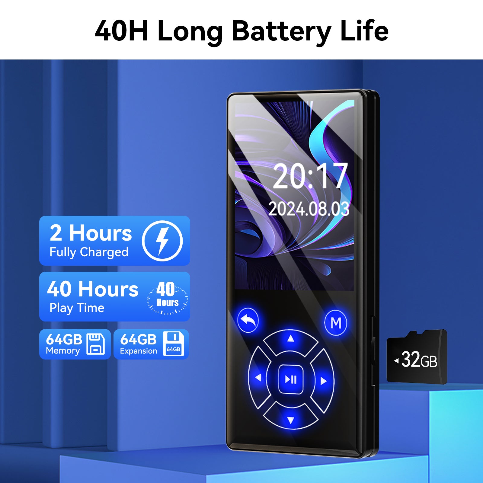 Gueray Bluetooth MP3 Player, Lossless Sound Quality, FM Radio & Video Playback Support（P3）