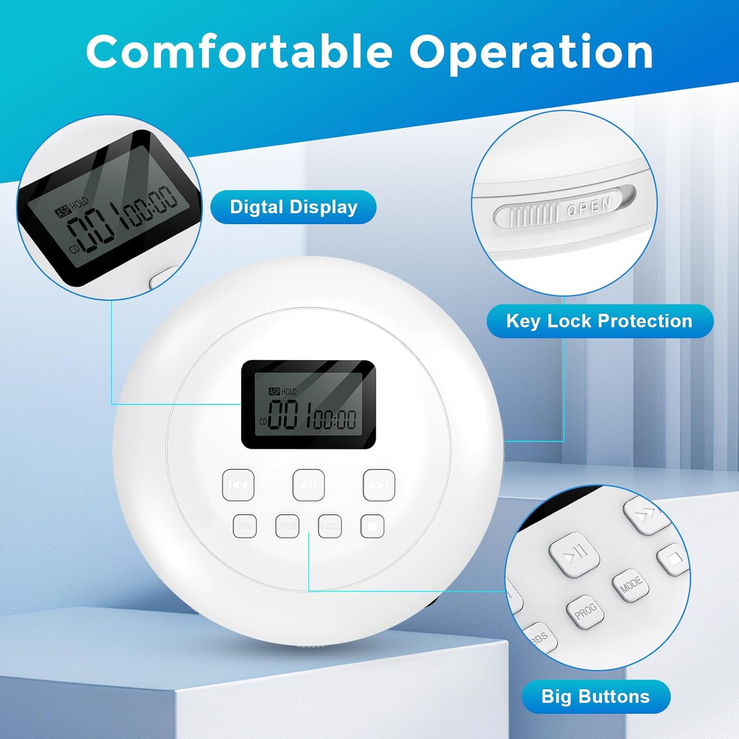 Gueray Portable CD Player Personal with Headphones White