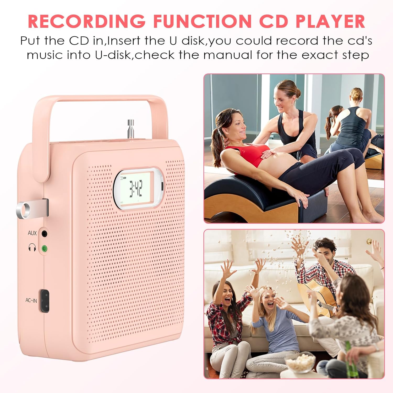 Bluetooth CD Player Boombox with Speakers Handle Design Pink