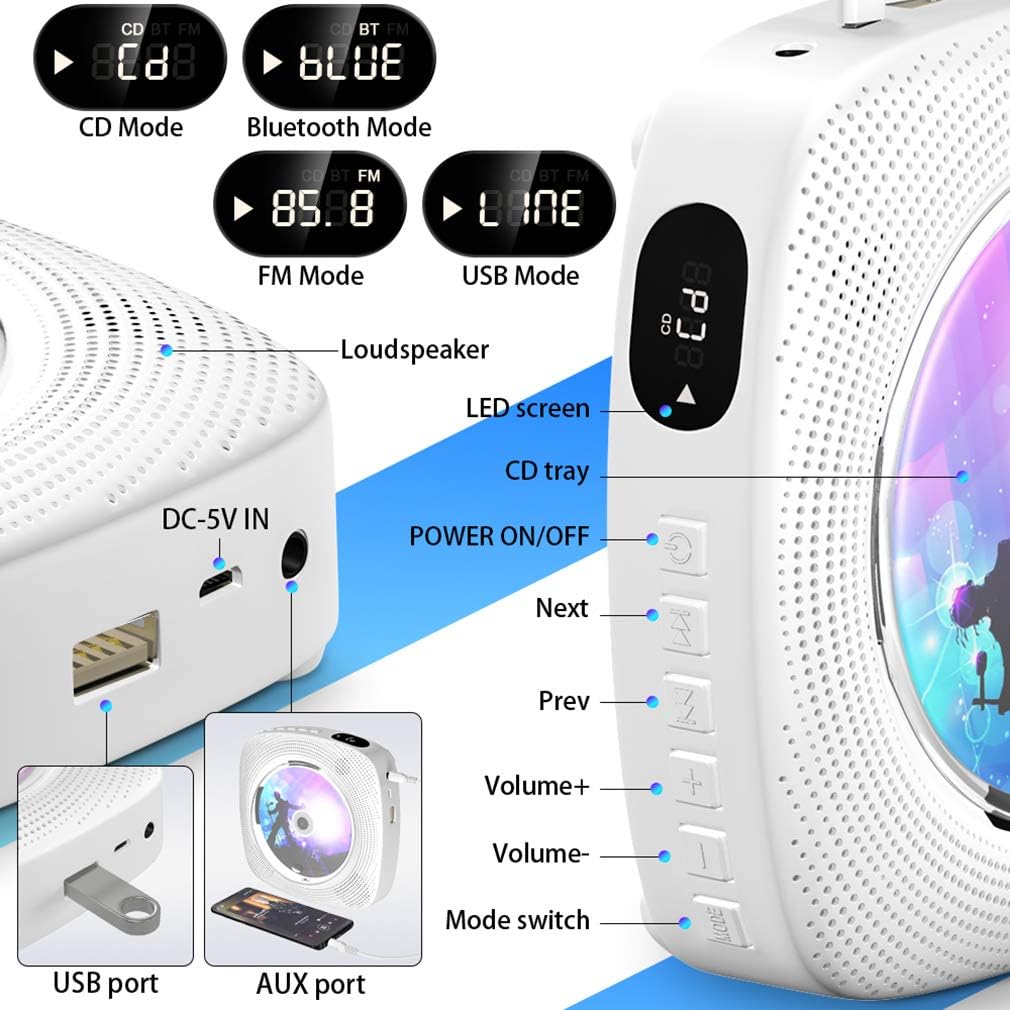 Gueray CD LCD Display Wall Mounted Built-in HiFi Speaker Bluetooth Player