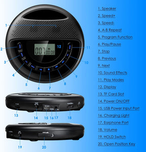CD Player Portable with Speaker Dual Stereo Rechargeable 1400mAh
