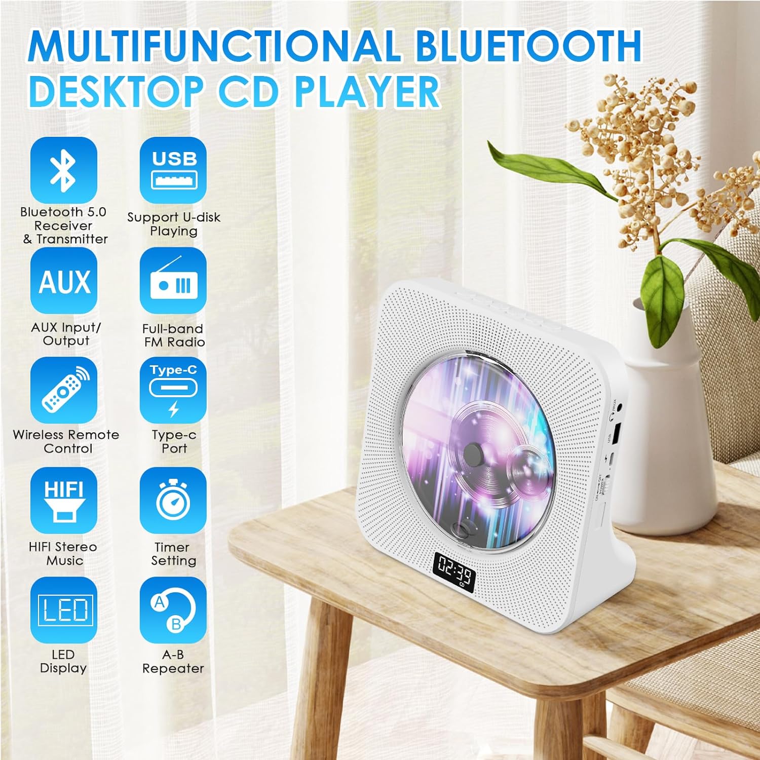 Gueray Desktop CD Player Bluetooth with Aux USB Headphone Jack