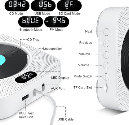 Gueray CD Player Wall Mount Bluetooth Speaker Remote Control Supports FM Radio