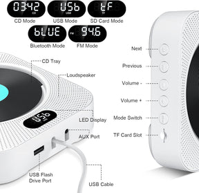 CD Player Wall Mount Bluetooth HiFi Speaker Remote Control Supports FM Radio USB