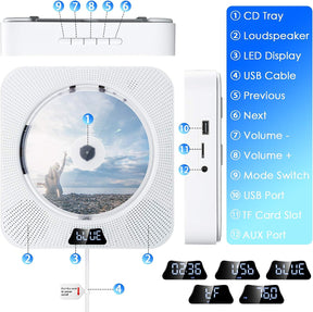 CD Player Portable with Bluetooth Wall Mountable with Remote Control