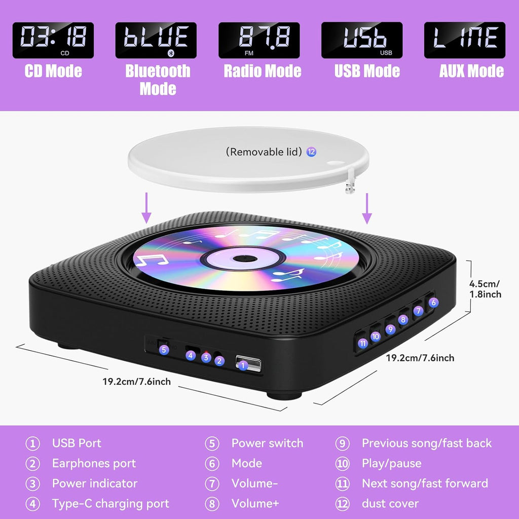 Gueray CD Player Portable with Bluetooth Wall Mountable