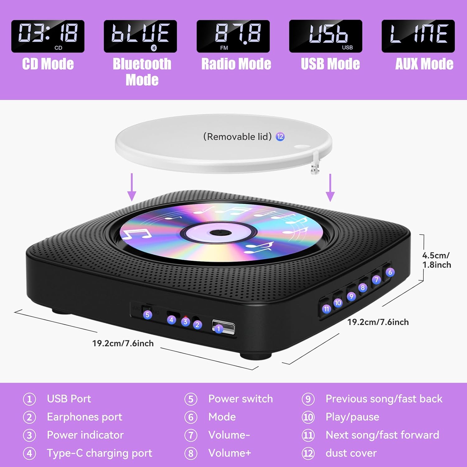 Gueray CD Player Portable with Bluetooth Wall Mountable