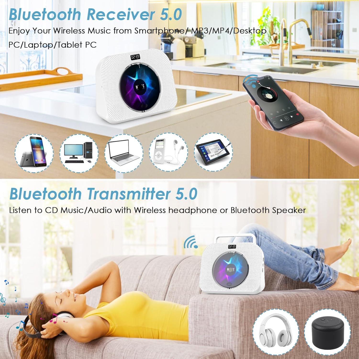 Gueray Desktop CD Player with Bluetooth and Radio, supports USB/AUX/TF Card - GuerayGueray Desktop CD Player with Bluetooth and Radio, supports USB/AUX/TF Card