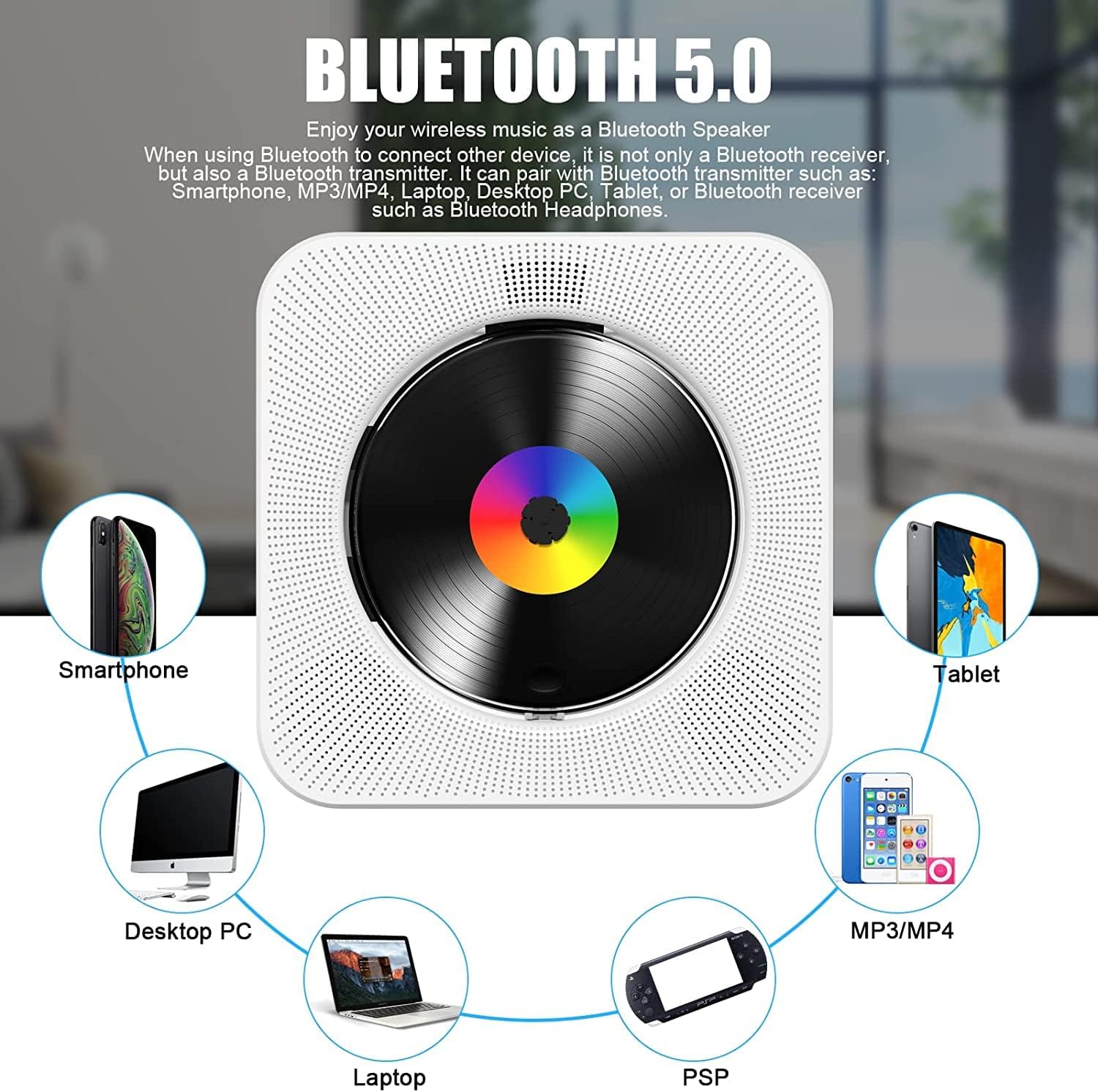 Gueray Portable Bluetooth CD Player – Desktop Design, High - Quality Sound, White - GuerayGueray Portable Bluetooth CD Player – Desktop Design, High - Quality Sound, White