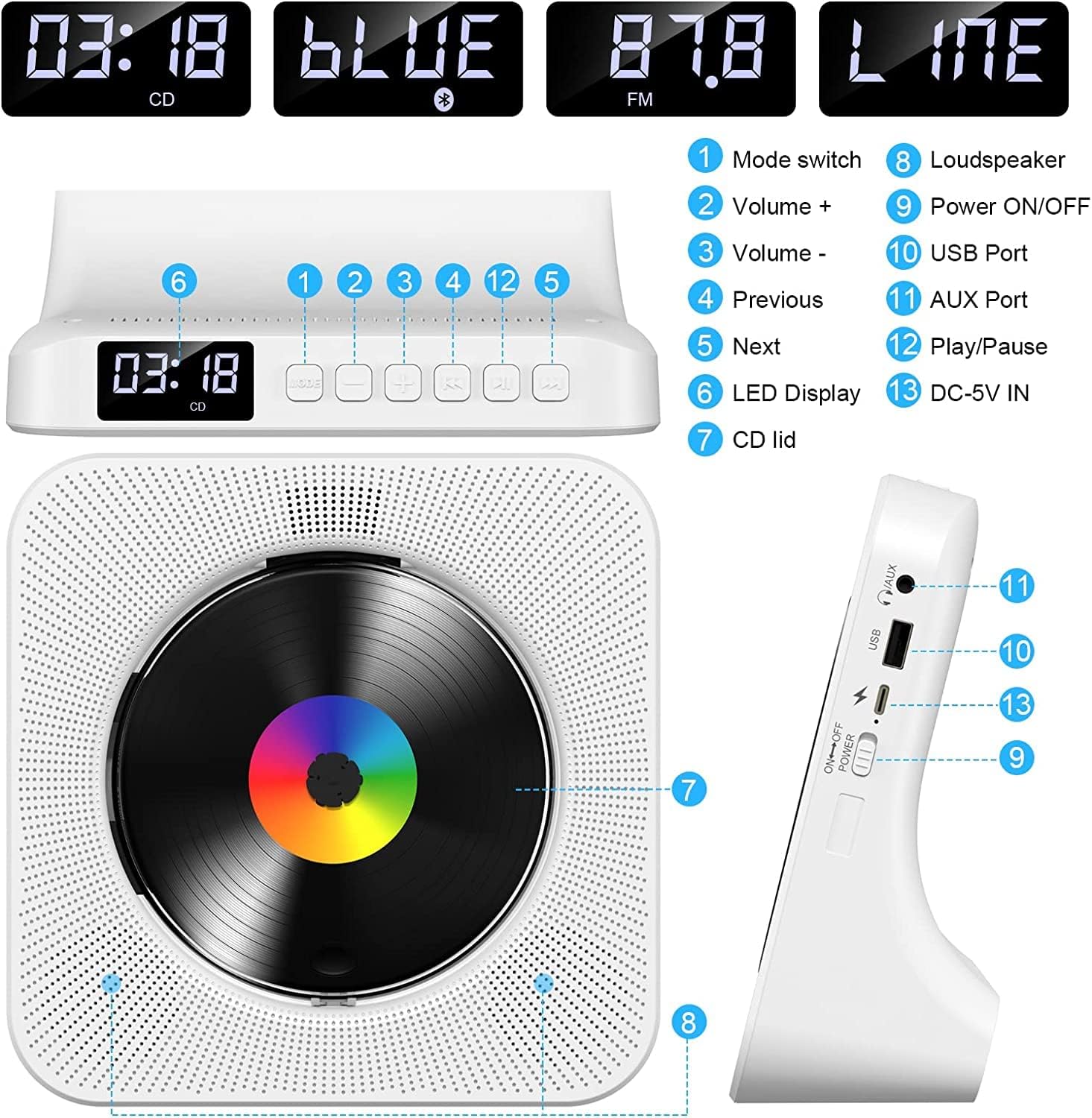 Gueray Portable Bluetooth CD Player – Desktop Design, High - Quality Sound, White - GuerayGueray Portable Bluetooth CD Player – Desktop Design, High - Quality Sound, White