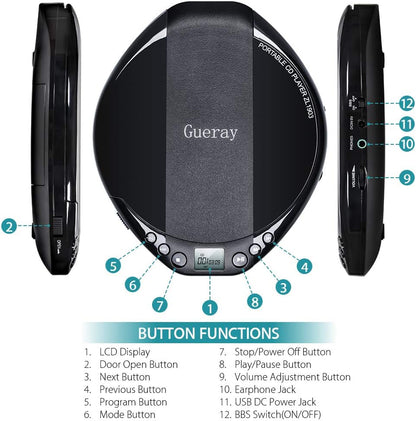 Gueray Portable CD Player HiFi Classic Personal CD Discman with Headphone - GuerayGueray Portable CD Player HiFi Classic Personal CD Discman with Headphone