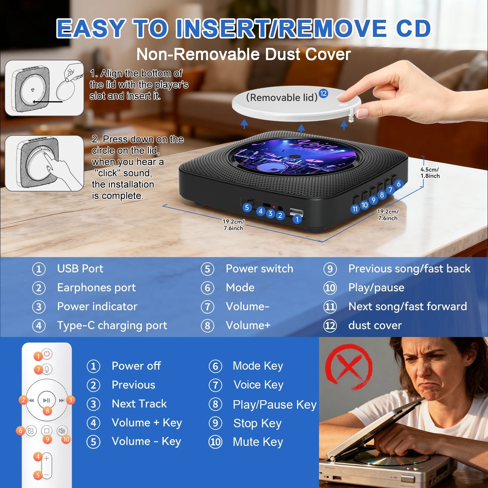 Gueray Y01 Voice - Controlled Portable CD Player – FM Radio - 1800mAh Rechargeable Battery