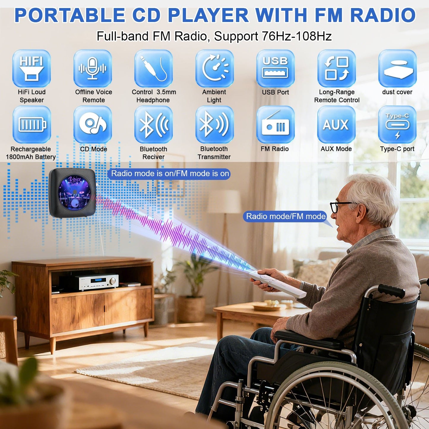 Gueray Y01 Voice - Controlled Portable CD Player – FM Radio - 1800mAh Rechargeable Battery