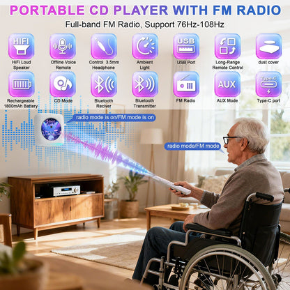 Gueray Y01 Voice - Controlled Portable CD Player – Hi - Fi Speaker - 1800mAh Rechargeable Battery