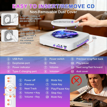 Gueray Y01 Voice - Controlled Portable CD Player – Hi - Fi Speaker - 1800mAh Rechargeable Battery